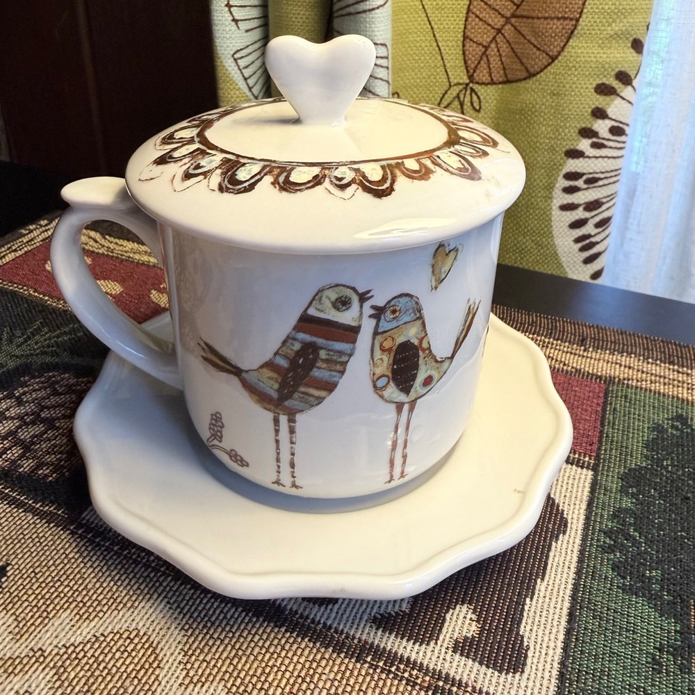 Lori Siebert Creative Co-Op Folk Art Bird Mug Covered Tea Cup Saucer Lid Heart